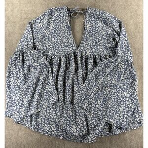 Pink Lily Blue White Floral Peplum Blouse Women's M Long‎ Bell Sleeve V Neck Top